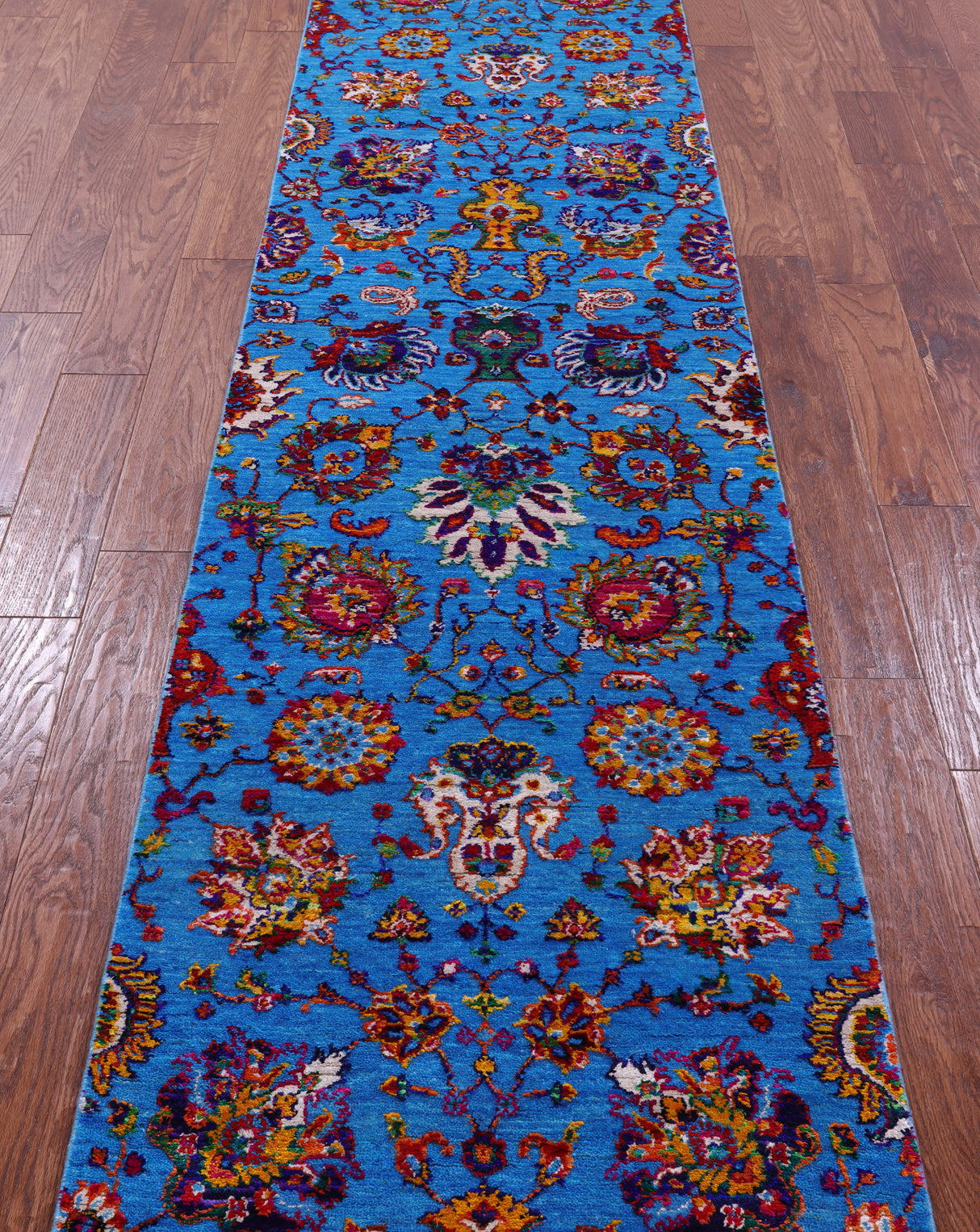 Blue Persian Tabriz Hand Knotted Wool & Silk Runner Rug - 2' 7" X 12' 6" - Golden Nile