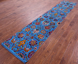 Blue Persian Tabriz Hand Knotted Wool & Silk Runner Rug - 2' 7" X 12' 6" - Golden Nile
