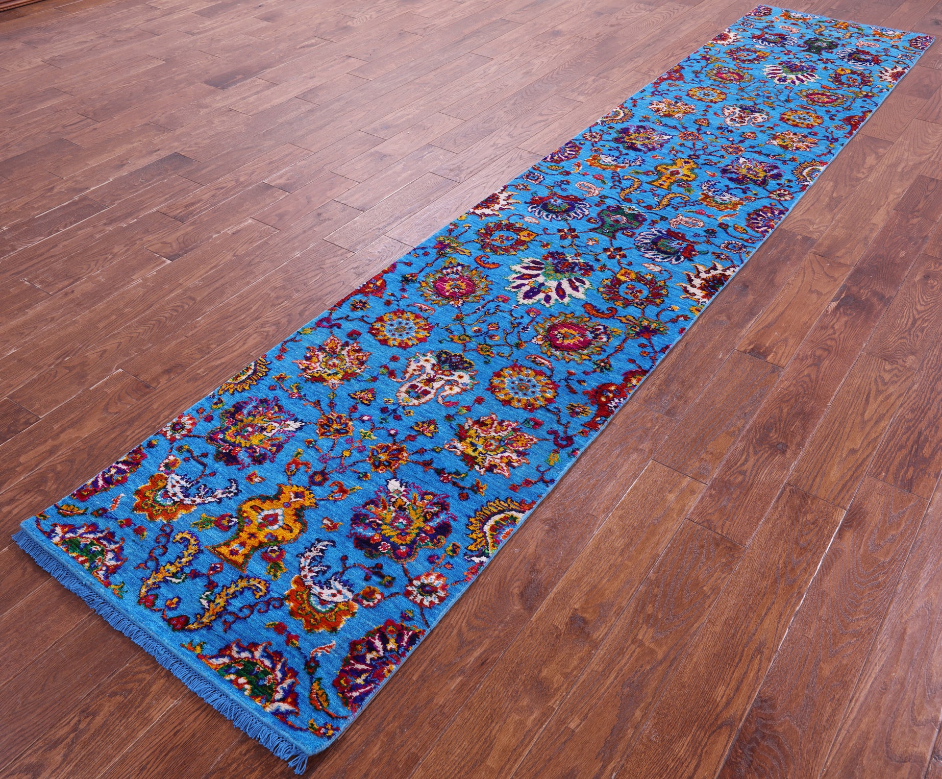 Blue Persian Tabriz Hand Knotted Wool & Silk Runner Rug - 2' 7" X 12' 6" - Golden Nile