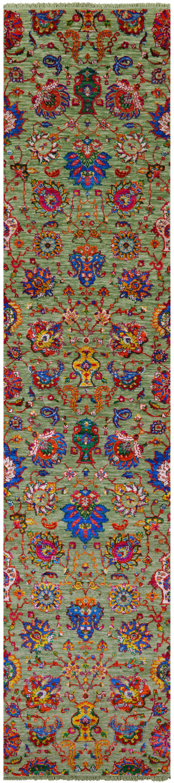 Green Tabriz Hand Knotted Wool & Silk Runner Rug - 2' 6" X 11' 10" - Golden Nile