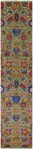 Green Tabriz Hand Knotted Wool & Silk Runner Rug - 2' 6