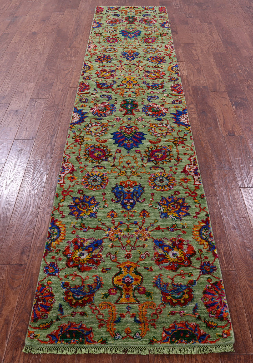 Green Tabriz Hand Knotted Wool & Silk Runner Rug - 2' 6" X 11' 10" - Golden Nile