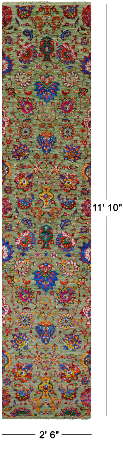 Green Tabriz Hand Knotted Wool & Silk Runner Rug - 2' 6" X 11' 10" - Golden Nile