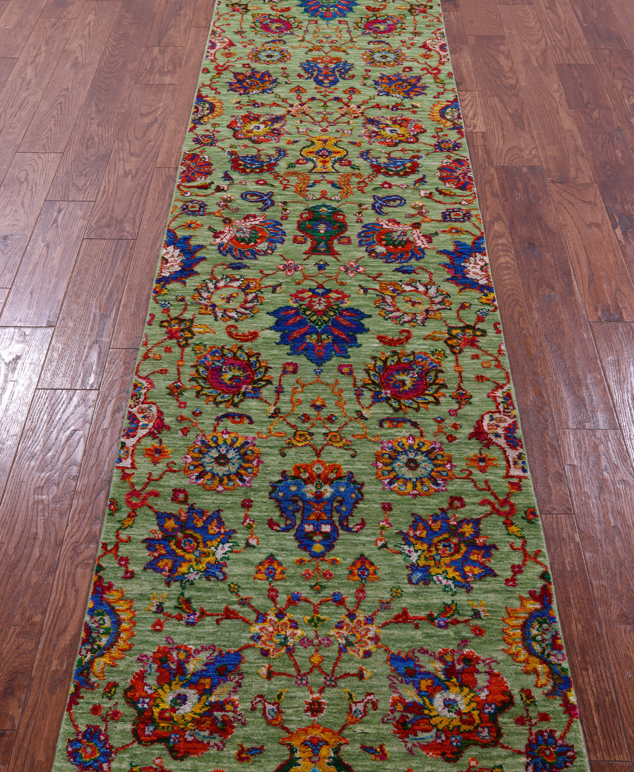Green Tabriz Hand Knotted Wool & Silk Runner Rug - 2' 6" X 11' 10" - Golden Nile