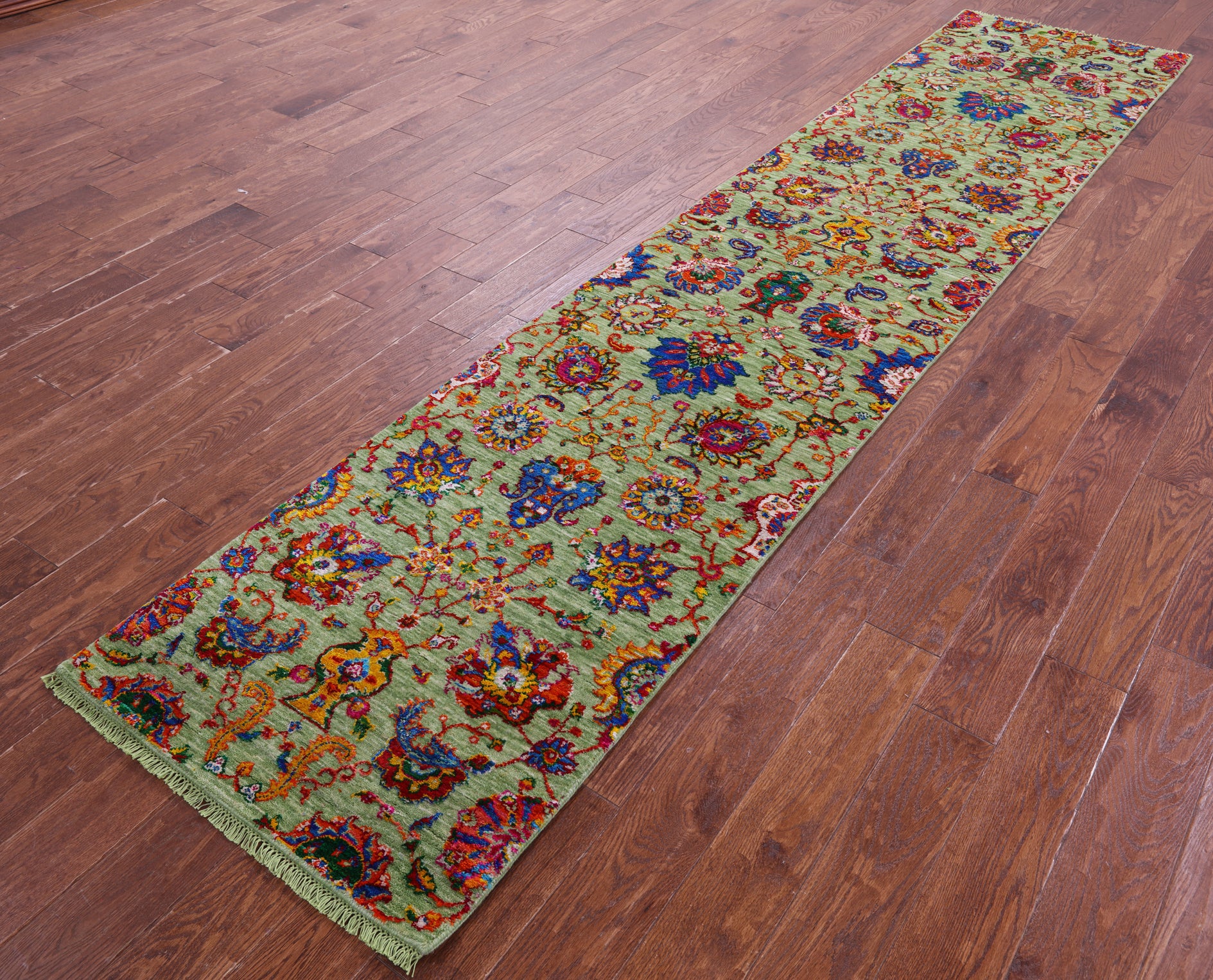 Green Tabriz Hand Knotted Wool & Silk Runner Rug - 2' 6" X 11' 10" - Golden Nile