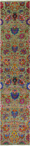 Green Persian Tabriz Handmade Wool & Silk Runner Rug - 2' 5