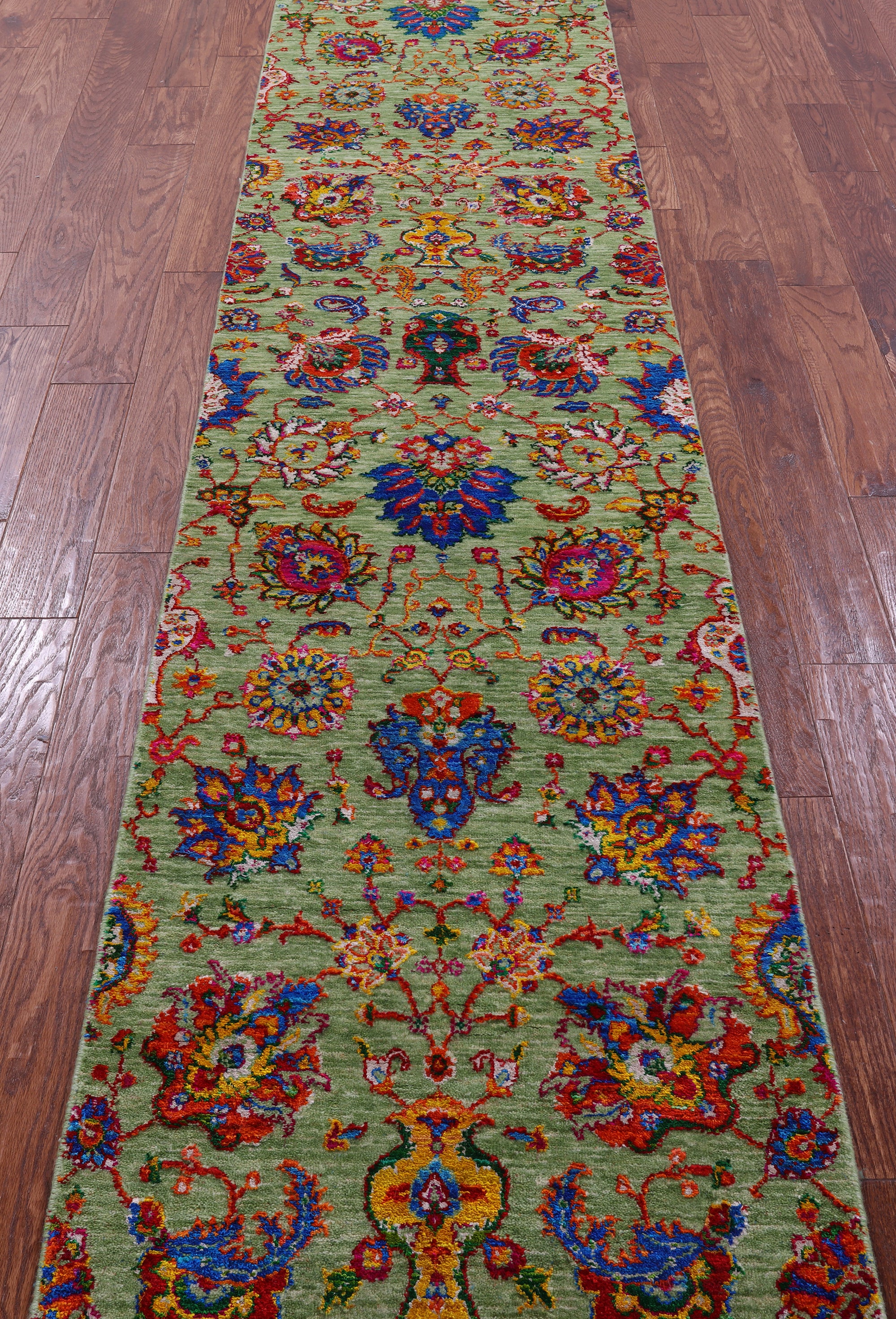 Green Persian Tabriz Handmade Wool & Silk Runner Rug - 2' 5" X 11' 9" - Golden Nile