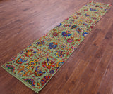 Green Persian Tabriz Handmade Wool & Silk Runner Rug - 2' 5" X 11' 9" - Golden Nile