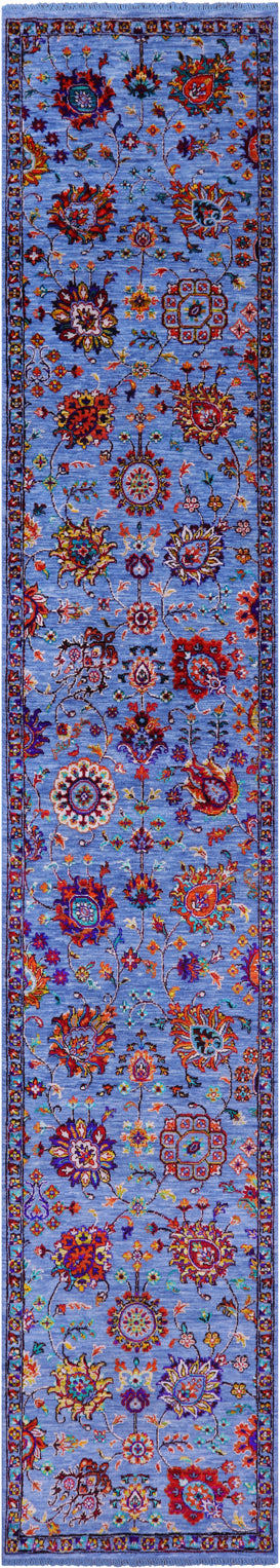 Blue Persian Tabriz Handmade Wool & Silk Runner Rug - 2' 6" X 14' 0" - Golden Nile