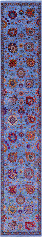 Blue Persian Tabriz Handmade Wool & Silk Runner Rug - 2' 6