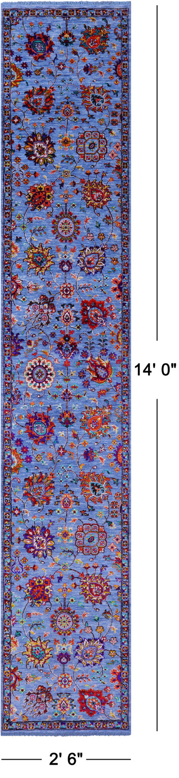 Blue Persian Tabriz Handmade Wool & Silk Runner Rug - 2' 6" X 14' 0" - Golden Nile