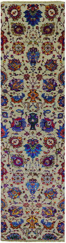 Green Persian Tabriz Hand Knotted Wool & Silk Runner Rug - 2' 7