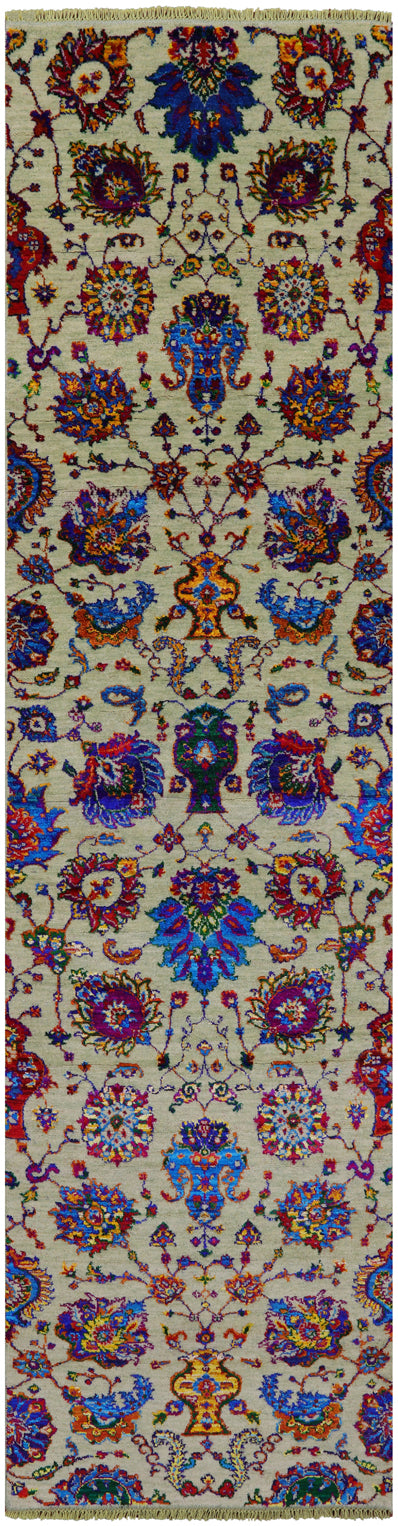 Green Persian Tabriz Handmade Wool & Silk Runner Rug - 2' 6" X 9' 10" - Golden Nile