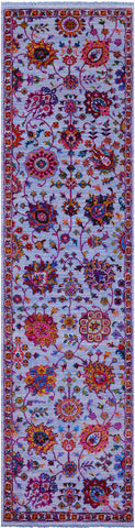 Blue Persian Tabriz Hand Knotted Wool & Silk Runner Rug - 2' 8