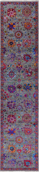 Grey Persian Tabriz Hand Knotted Wool & Silk Runner Rug - 2' 7" X 11' 11" - Golden Nile