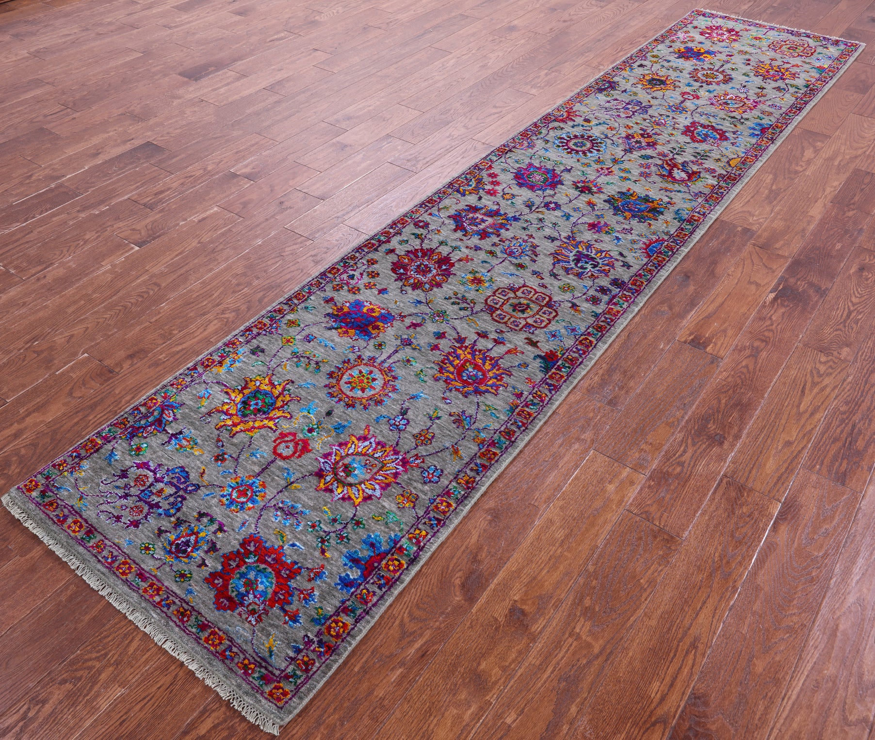 Grey Persian Tabriz Hand Knotted Wool & Silk Runner Rug - 2' 7" X 11' 11" - Golden Nile