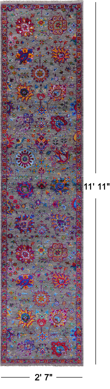 Grey Persian Tabriz Hand Knotted Wool & Silk Runner Rug - 2' 7" X 11' 11" - Golden Nile