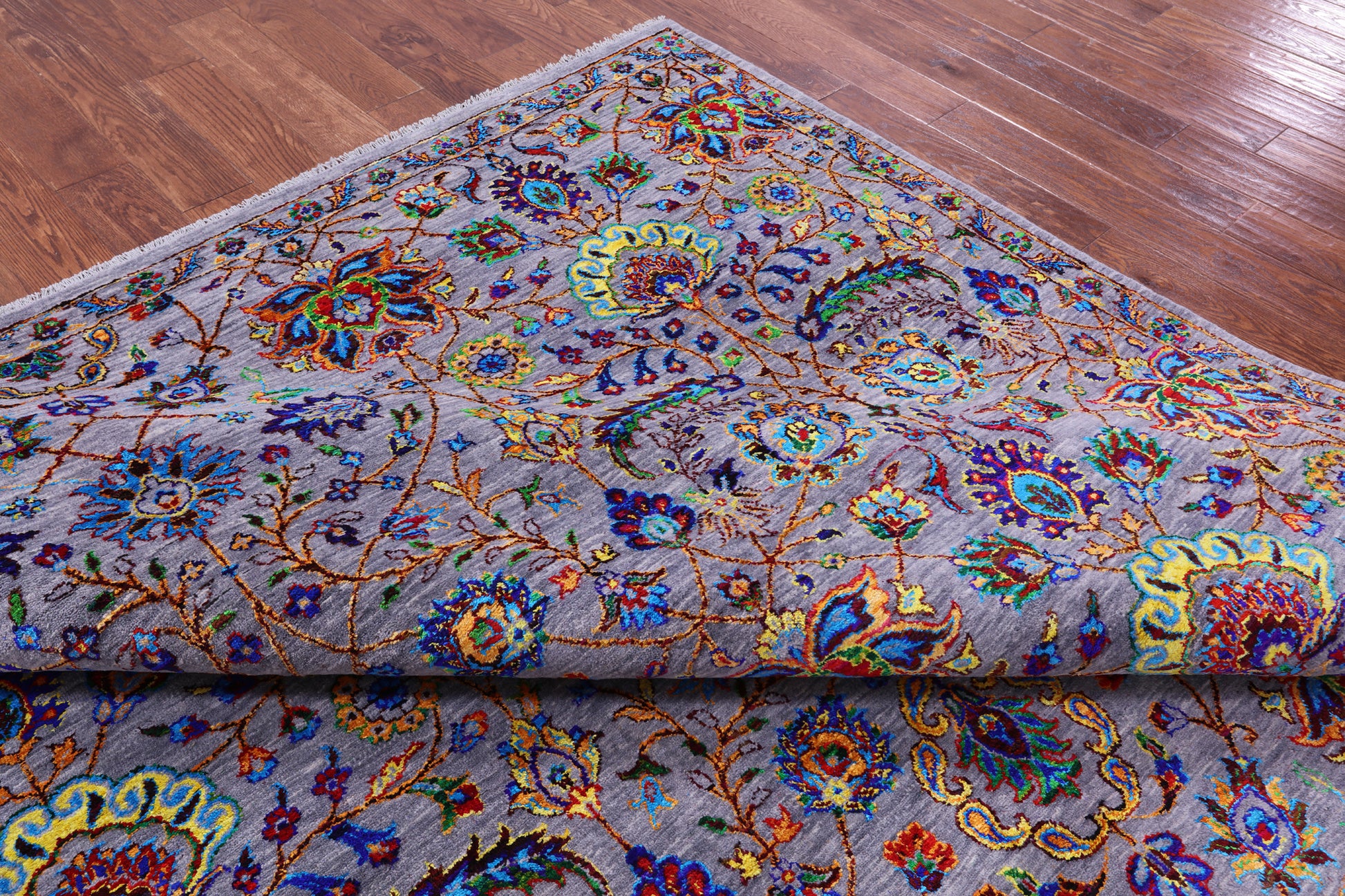 Grey Persian Tabriz Hand Knotted Wool & Silk Rug - 9' 0" X 12' 0" - Golden Nile