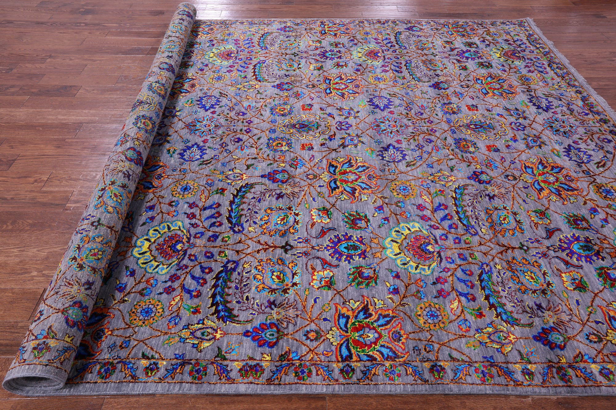Grey Persian Tabriz Hand Knotted Wool & Silk Rug - 9' 0" X 12' 0" - Golden Nile