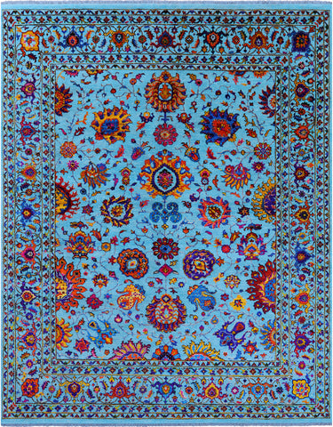 Blue Persian Tabriz Hand Knotted Wool & Silk Rug - 7' 11