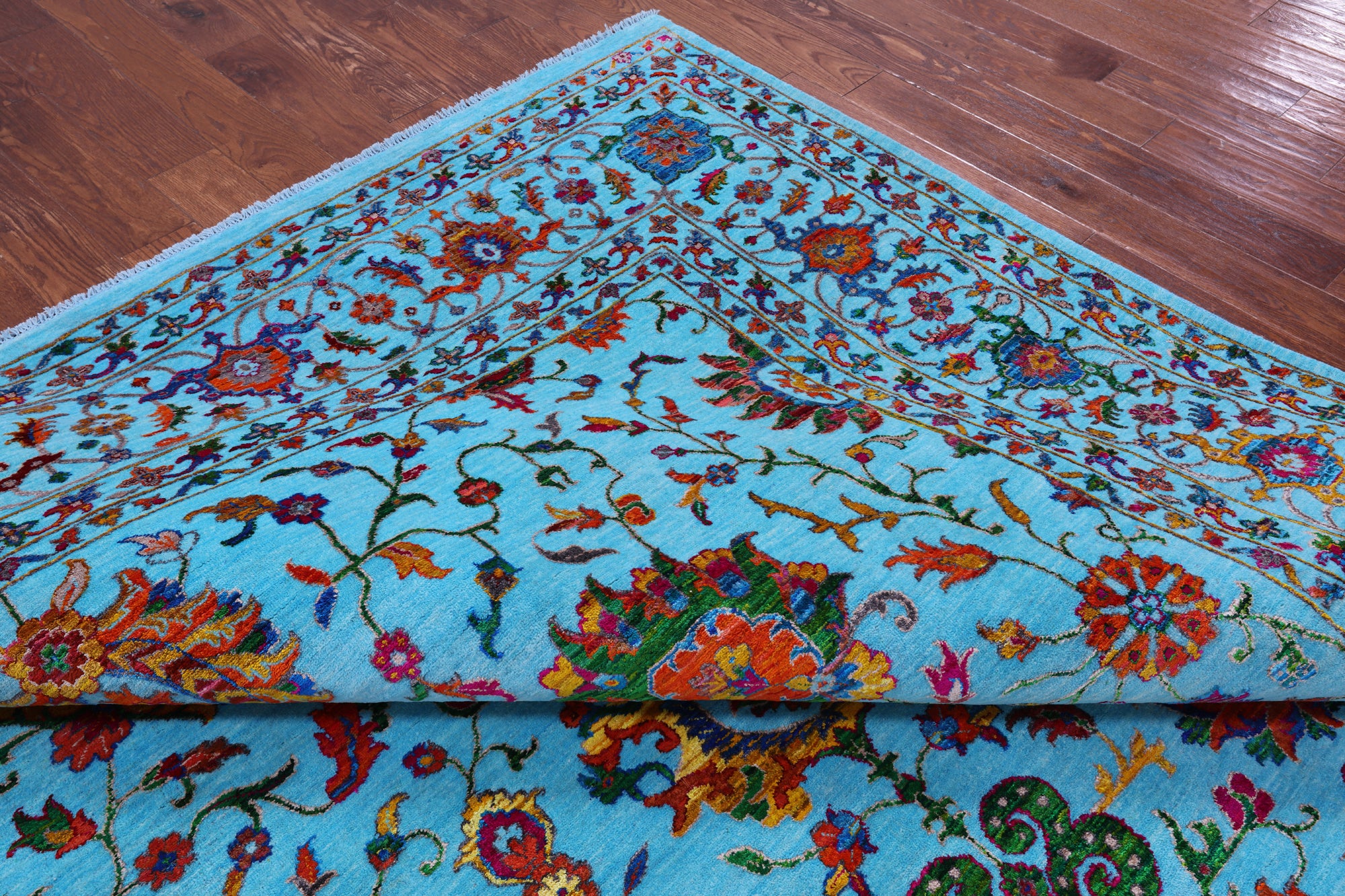 Blue Persian Tabriz Hand Knotted Wool & Silk Rug - 10' 0" X 13' 10" - Golden Nile