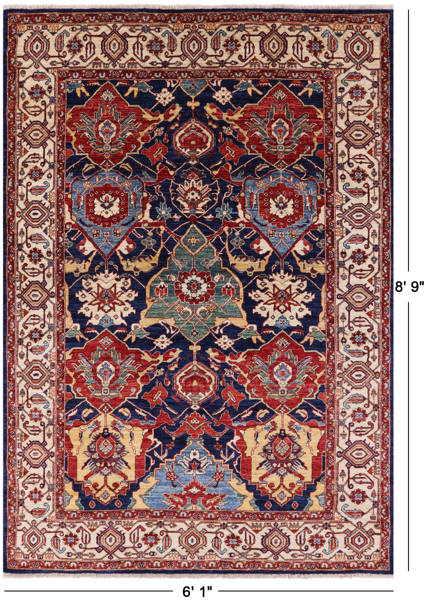 Blue Fine Serapi Hand Knotted Wool Area Rug - 6' 1" X 8' 9" - Golden Nile