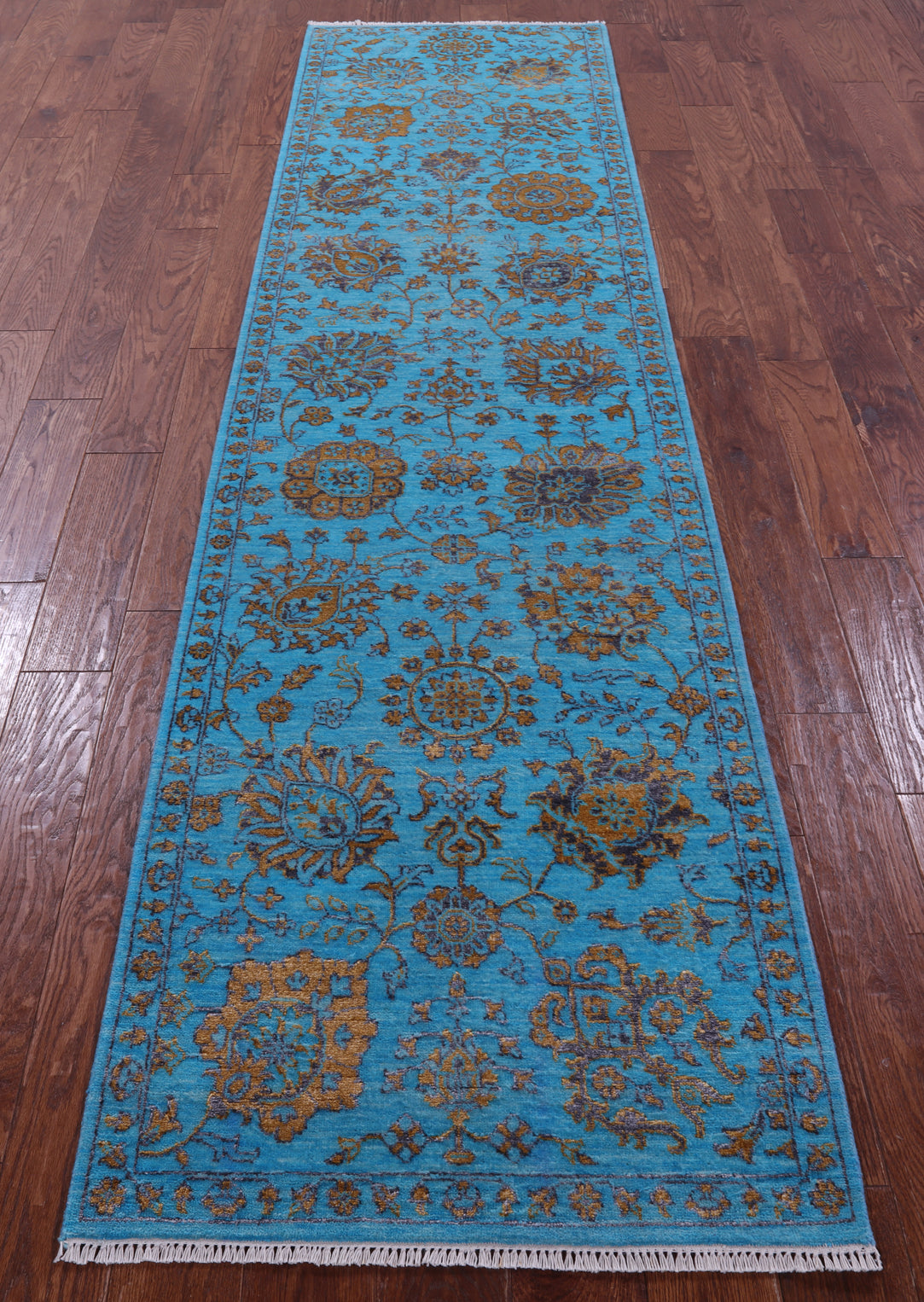 Blue Persian Tabriz Hand Knotted Wool & Silk Runner Rug - 2' 7" X 10' 4" - Golden Nile