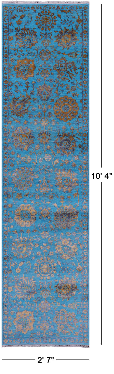 Blue Persian Tabriz Hand Knotted Wool & Silk Runner Rug - 2' 7" X 10' 4" - Golden Nile