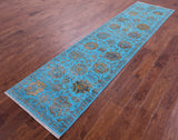 Blue Persian Tabriz Hand Knotted Wool & Silk Runner Rug - 2' 7" X 10' 4" - Golden Nile