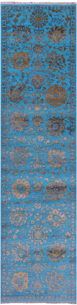 Blue Persian Tabriz Hand Knotted Wool & Silk Runner Rug - 2' 7" X 10' 4" - Golden Nile