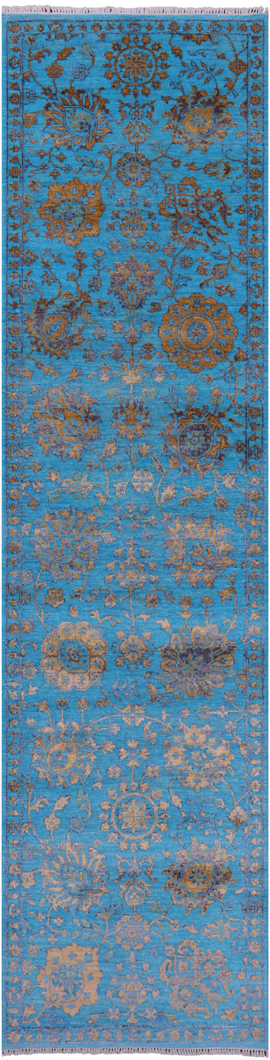 Blue Persian Tabriz Hand Knotted Wool & Silk Runner Rug - 2' 7" X 10' 4" - Golden Nile