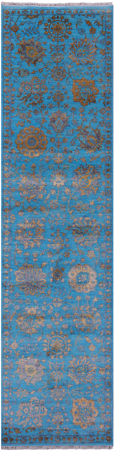 Blue Persian Tabriz Handmade Wool & Silk Runner Rug - 2' 7" X 10' 3" - Golden Nile