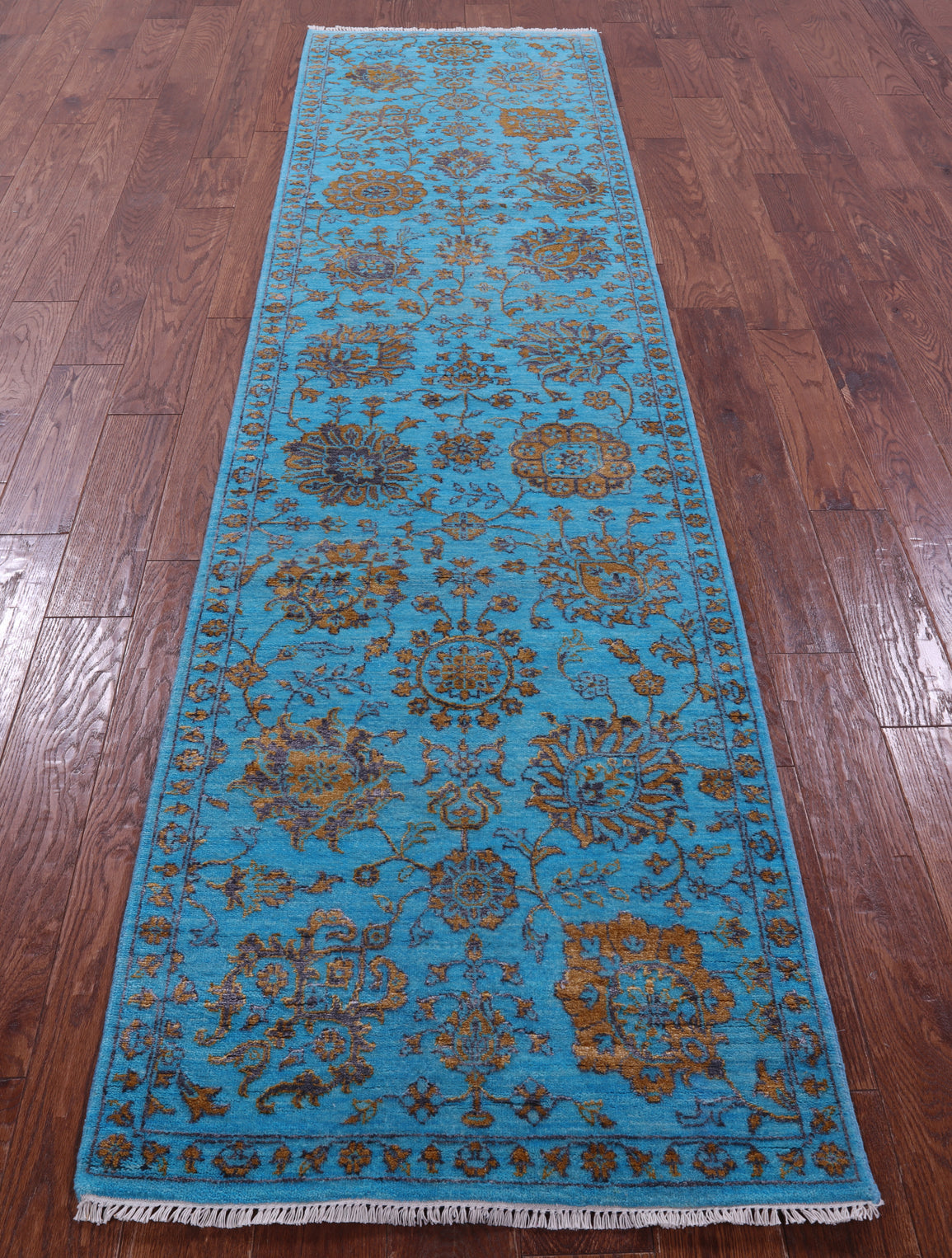 Blue Persian Tabriz Handmade Wool & Silk Runner Rug - 2' 7" X 10' 3" - Golden Nile