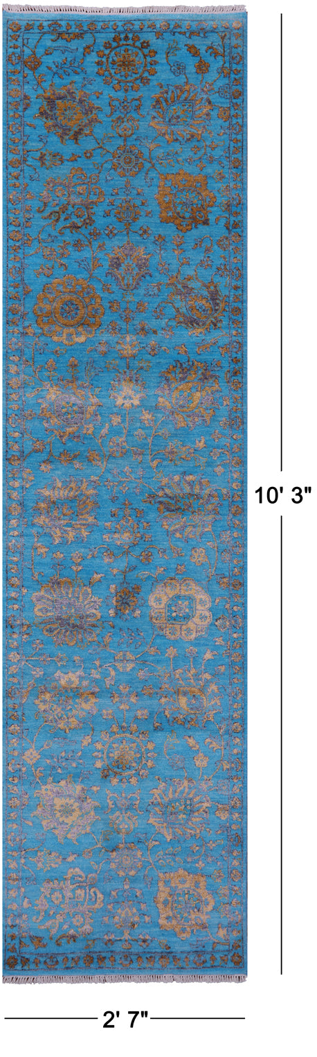Blue Persian Tabriz Handmade Wool & Silk Runner Rug - 2' 7" X 10' 3" - Golden Nile