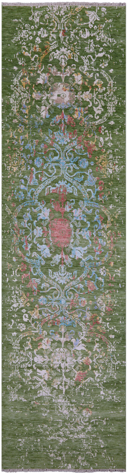 Green Persian Tabriz Hand Knotted Wool & Silk Runner Rug - 2' 7" X 10' 0" - Golden Nile