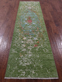 Green Persian Tabriz Hand Knotted Wool & Silk Runner Rug - 2' 7" X 10' 0" - Golden Nile