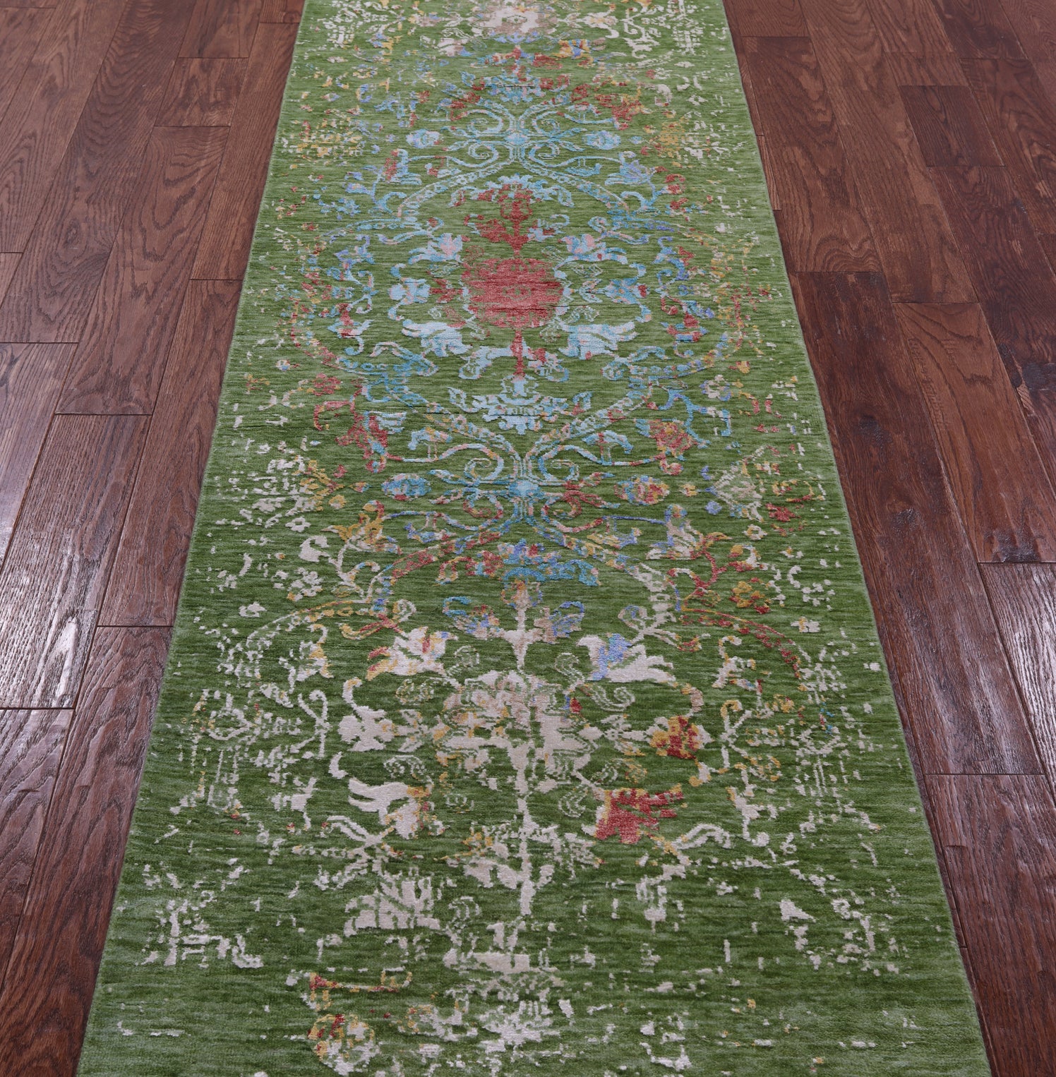 Green Persian Tabriz Hand Knotted Wool & Silk Runner Rug - 2' 7" X 10' 0" - Golden Nile