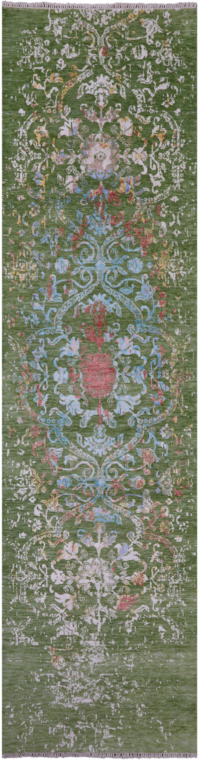 Green Persian Tabriz Hand Knotted Wool & Silk Runner Rug - 2' 7" X 10' 0" - Golden Nile