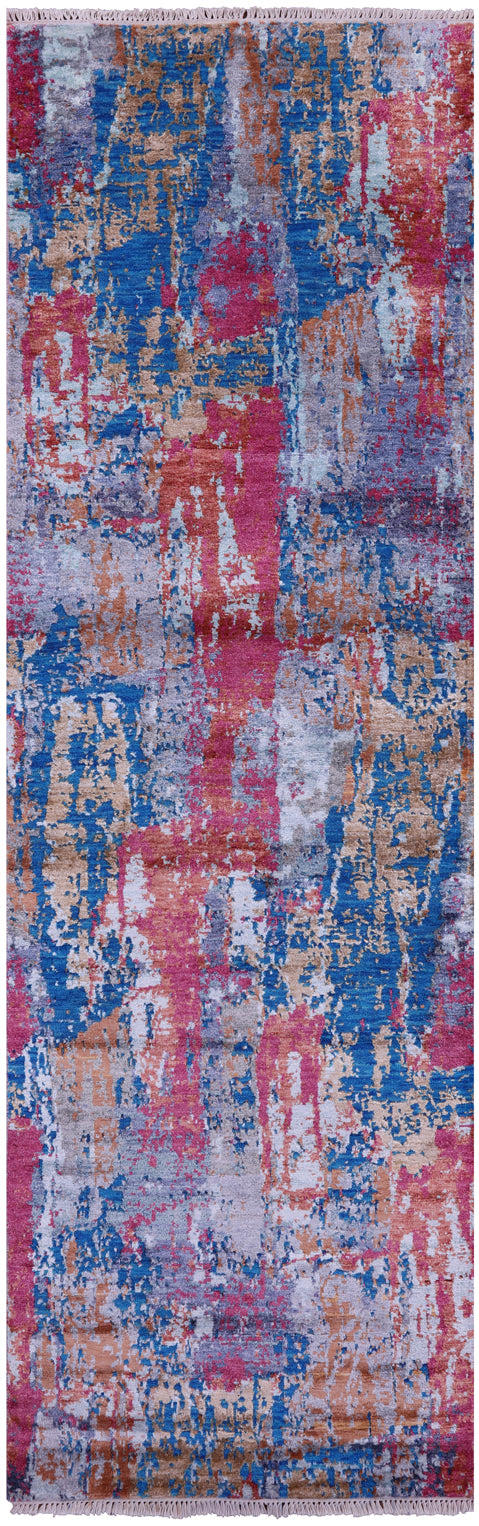 Abstract Contemporary Hand Knotted Wool & Silk Runner Rug - 2' 7" X 8' 4" - Golden Nile