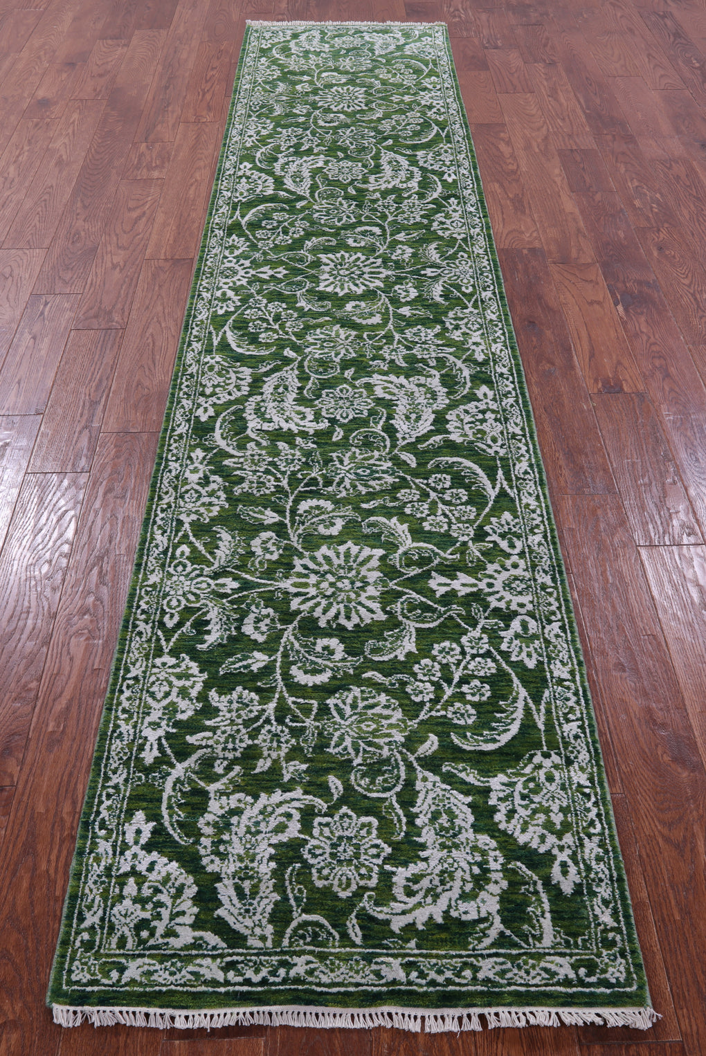 Green Persian Tabriz Handmade Wool & Silk Runner Rug - 2' 6" X 11' 7" - Golden Nile