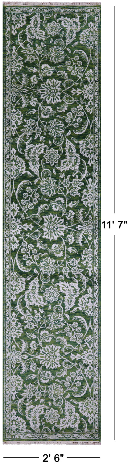 Green Persian Tabriz Handmade Wool & Silk Runner Rug - 2' 6" X 11' 7" - Golden Nile