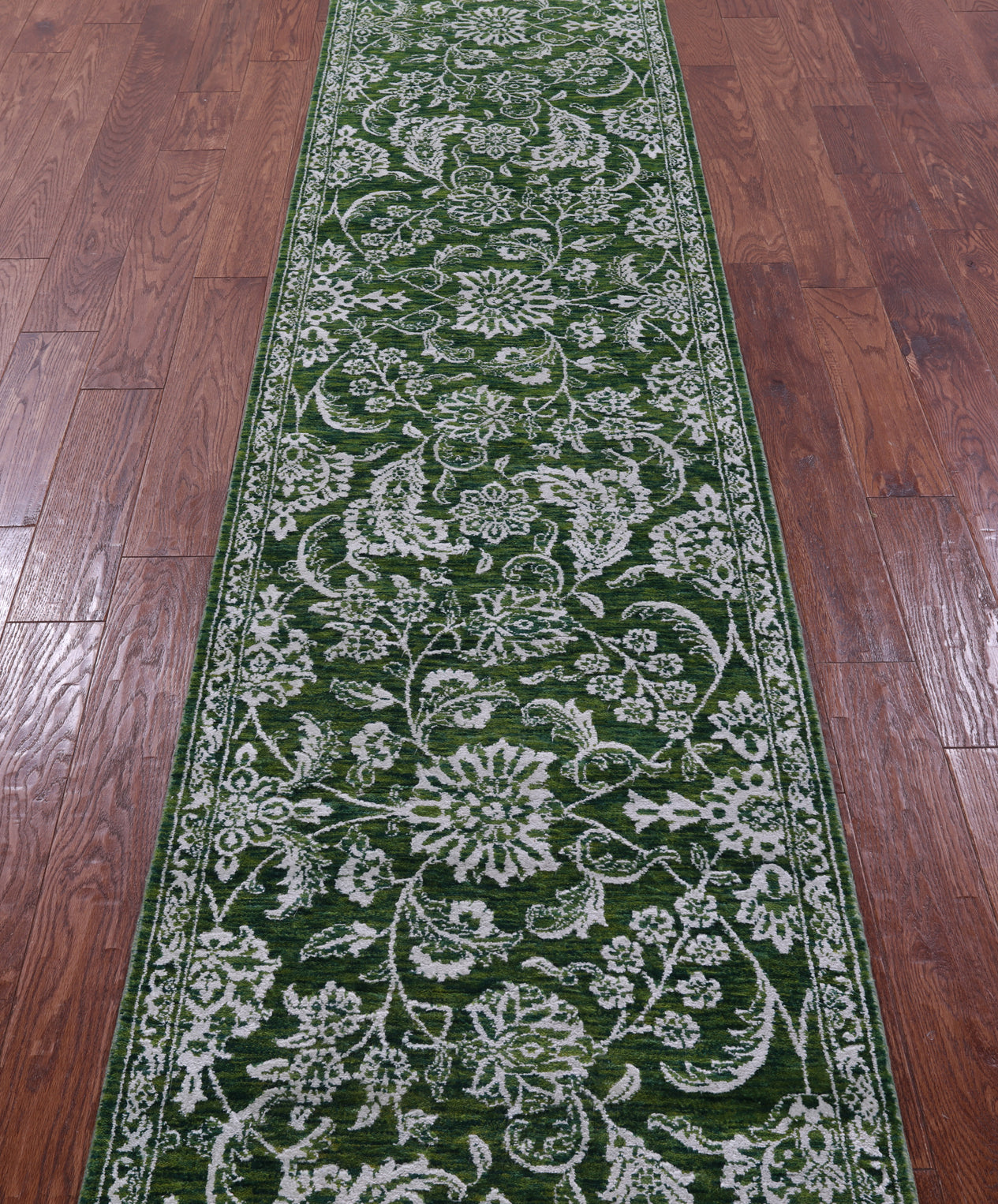 Green Persian Tabriz Handmade Wool & Silk Runner Rug - 2' 6" X 11' 7" - Golden Nile