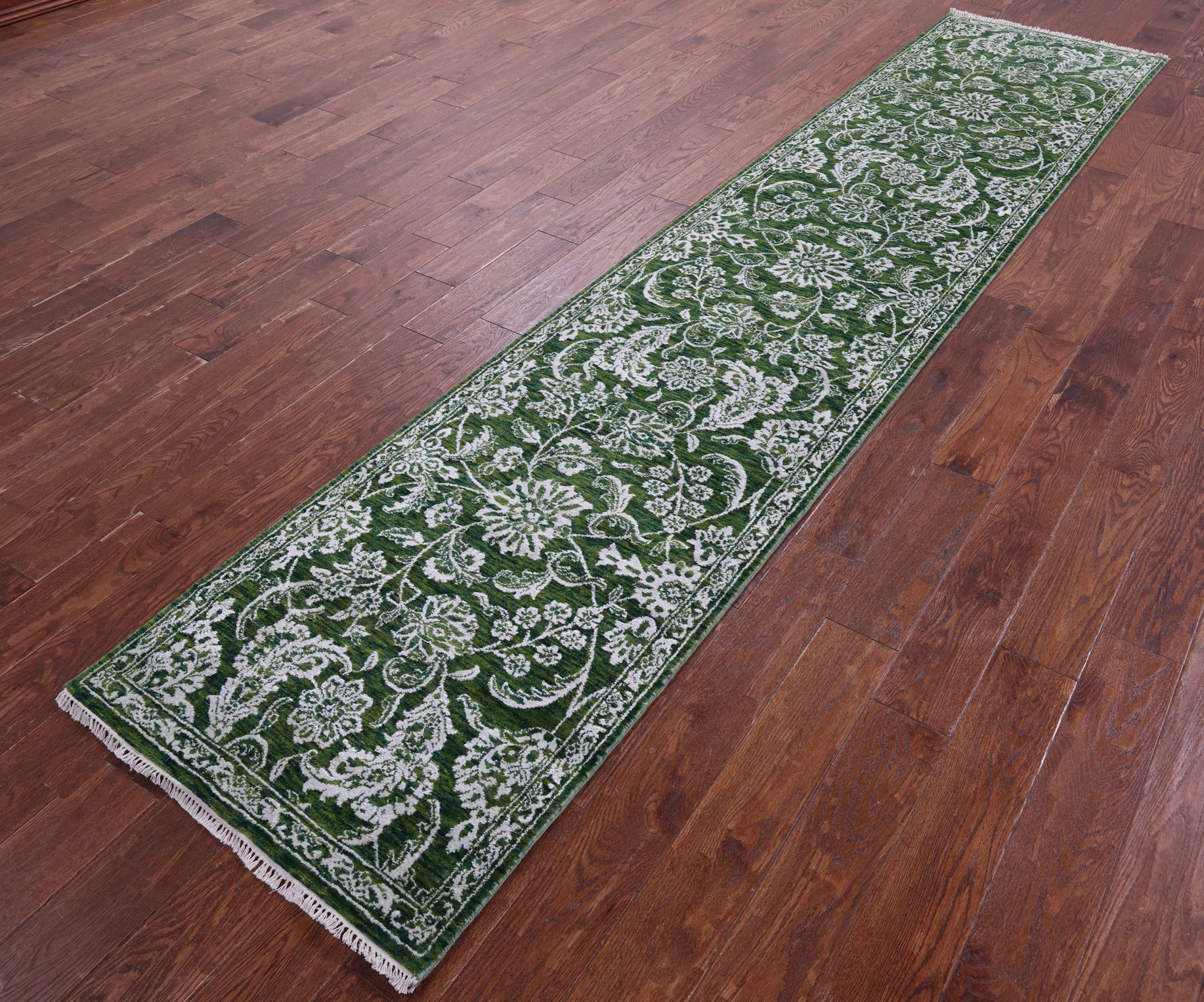 Green Persian Tabriz Handmade Wool & Silk Runner Rug - 2' 6" X 11' 7" - Golden Nile
