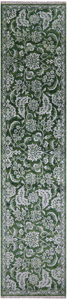 Green Persian Tabriz Handmade Wool & Silk Runner Rug - 2' 6" X 11' 7" - Golden Nile