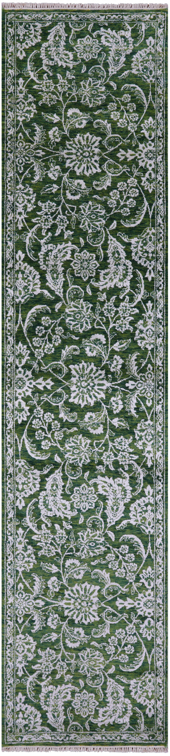 Green Persian Tabriz Handmade Wool & Silk Runner Rug - 2' 6" X 11' 7" - Golden Nile