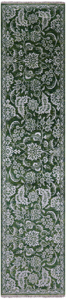 Green Persian Tabriz Hand Knotted Wool & Silk Runner Rug - 2' 6" X 11' 7" - Golden Nile