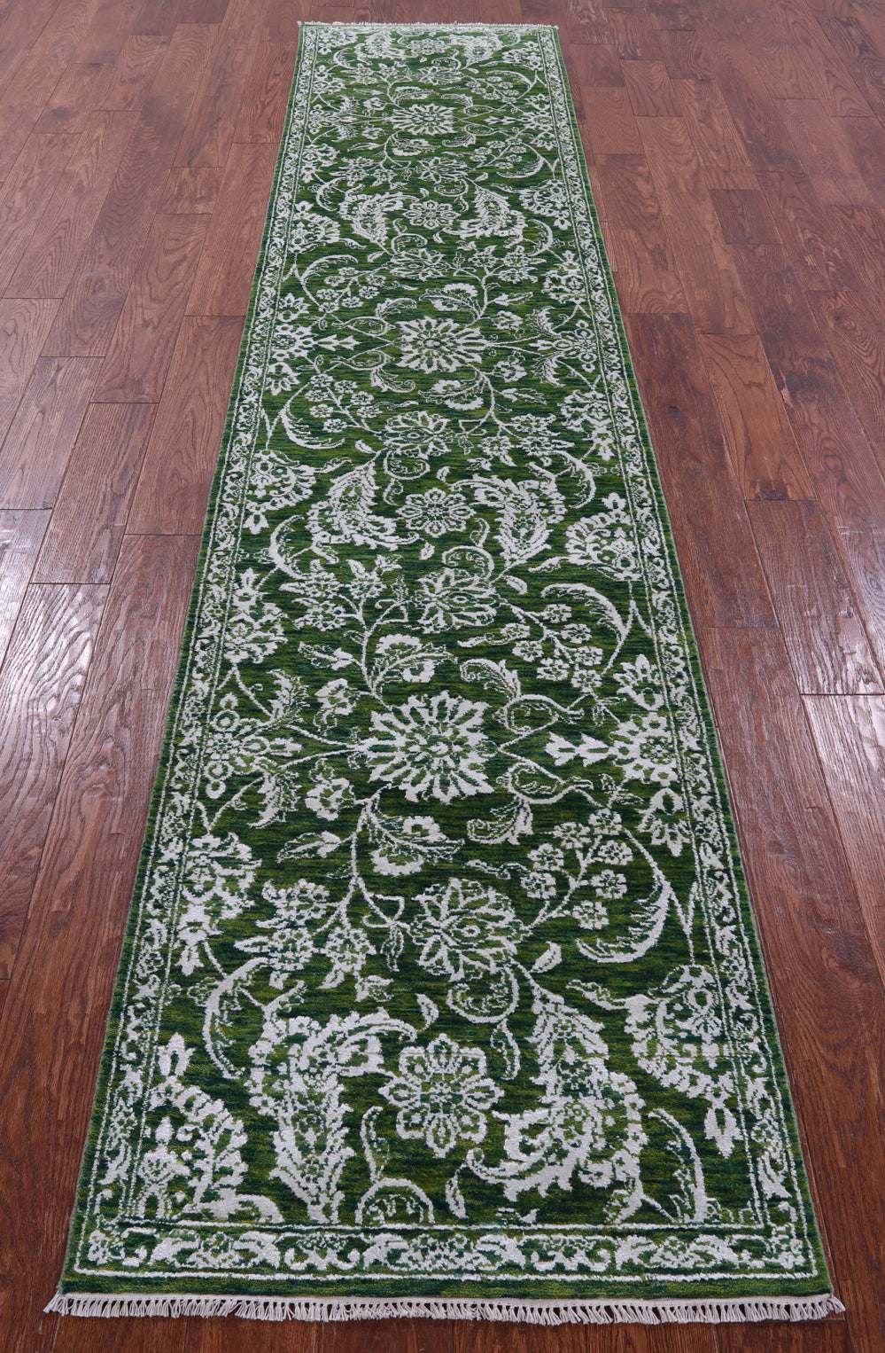 Green Persian Tabriz Hand Knotted Wool & Silk Runner Rug - 2' 6" X 11' 7" - Golden Nile