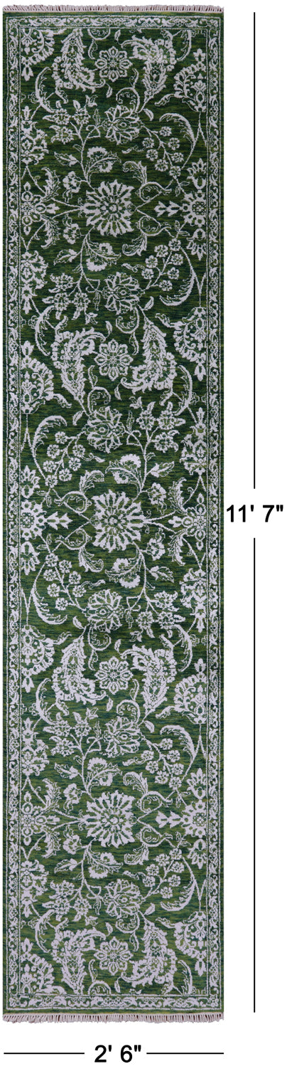 Green Persian Tabriz Hand Knotted Wool & Silk Runner Rug - 2' 6" X 11' 7" - Golden Nile