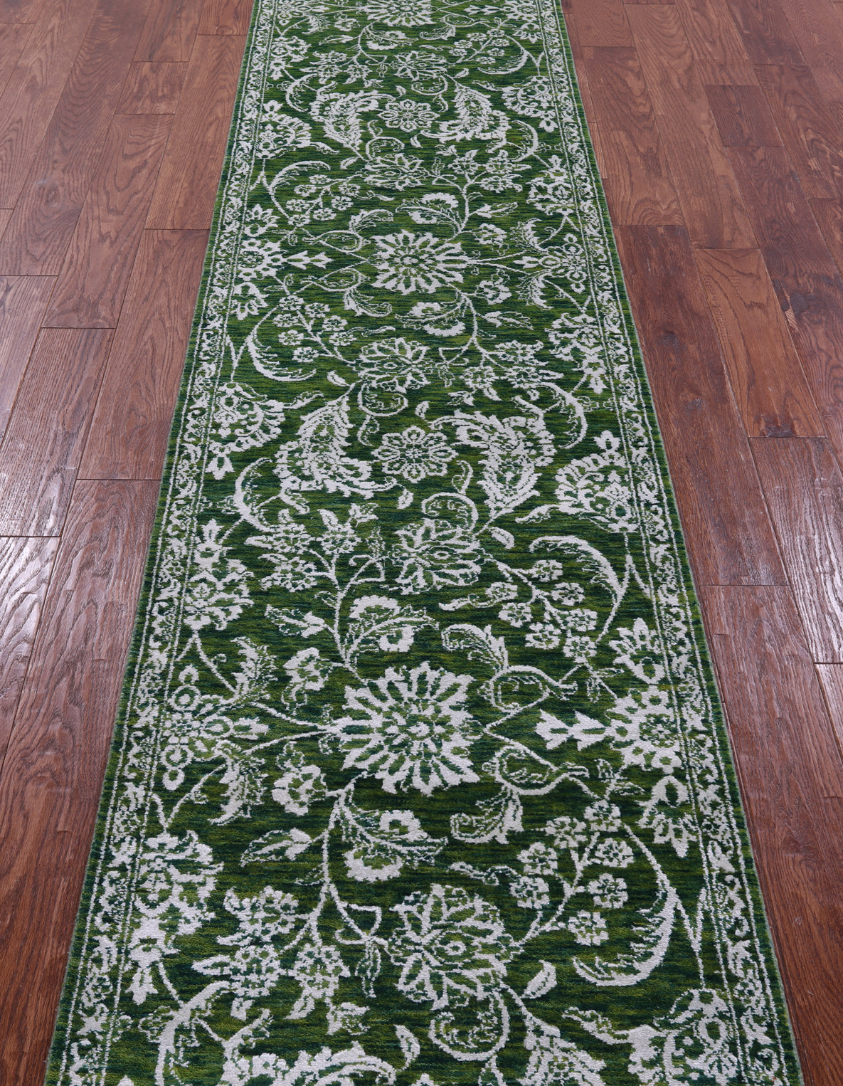 Green Persian Tabriz Hand Knotted Wool & Silk Runner Rug - 2' 6" X 11' 7" - Golden Nile