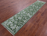 Green Persian Tabriz Hand Knotted Wool & Silk Runner Rug - 2' 6" X 11' 7" - Golden Nile